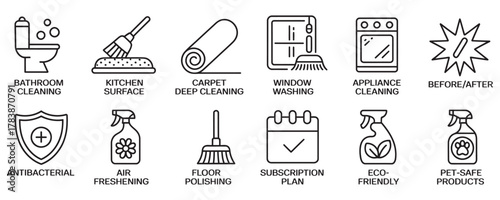 Modern minimalist cleaning service icons for home hygiene and sanitation, perfect for eco-friendly brands promoting a sparkling clean living space