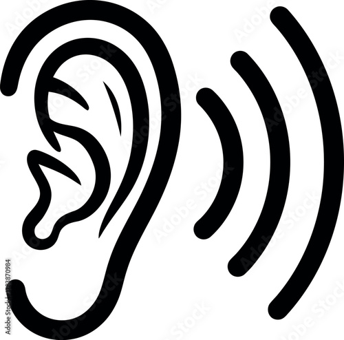 Simple line art icon of a human ear with sound waves emanating outward representing listening or hearing.