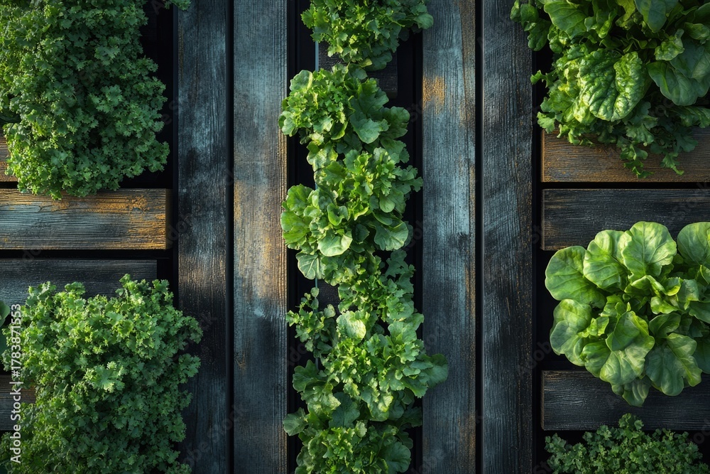 Fototapeta premium Overhead view of a vibrant vertical garden showcasing various lush green leafy vegetables thriving in organized wooden planters, bathed in natural light.