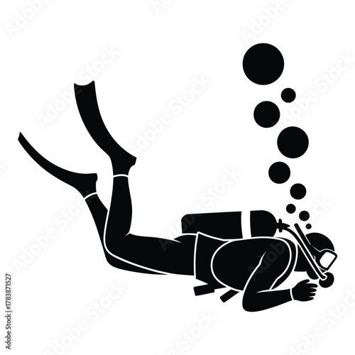 Black silhouette of a scuba diver with bubbles underwater illustration