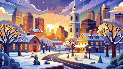 Very beautiful winter landscape of New England at sunrise after the first snowfall in Boston, Massachusetts, USA, featuring soft golden light, snow-covered trees, calm streets, and a realistic serene 