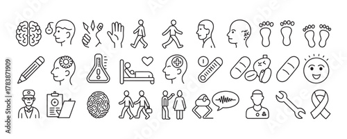 Healthcare line icons depicting mental health, physical therapy, and medical support for wellness campaigns and healthcare services