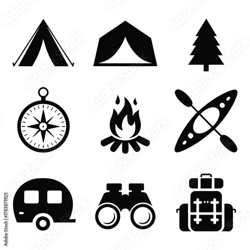 Camping Adventure Icons in Black and White for Outdoor Enthusiasts