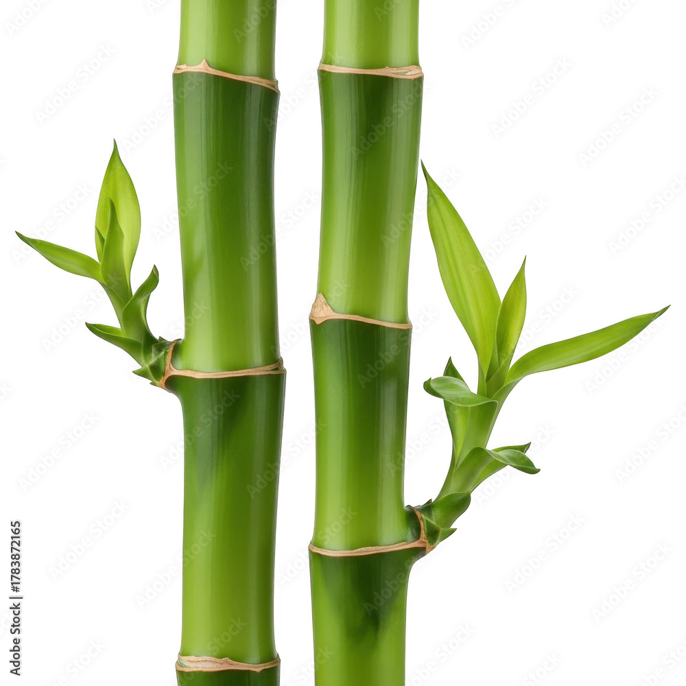 Obraz premium Two green bamboo stalks with new leaves isolated on transparent background