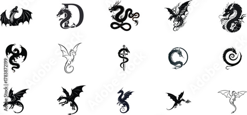 Collection of stylized black dragon silhouettes and illustrations on various backgrounds and textures