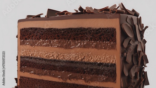A decadent slice of layered chocolate cake with rich frosting and chocolate shavings