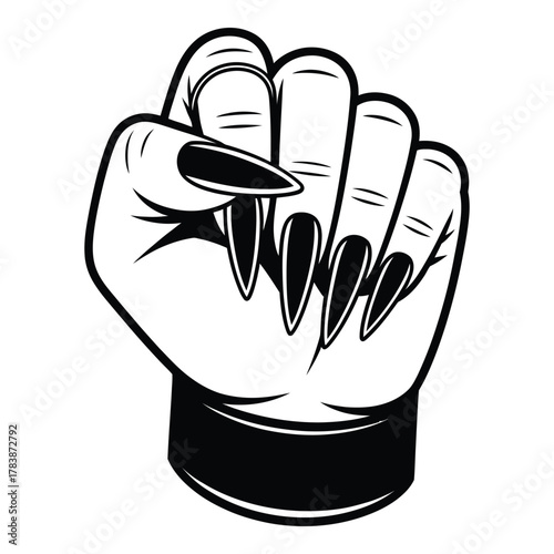 Clenched fist with long artificial nails in black and white style