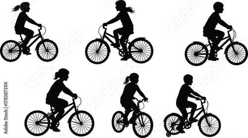 Children riding bicycles silhouettes, playful childhood activity vector illustration, learning to ride design, black and white artwork for stock, education, branding, lifestyle