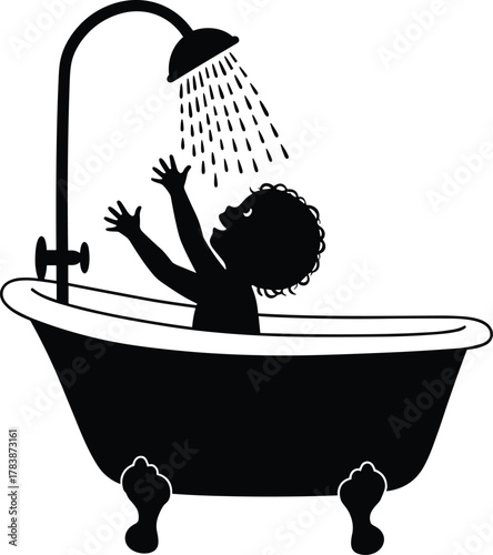 Child shower silhouette, vintage clawfoot bathtub illustration, black and white vector design, daily routine artwork, playful water interaction, stock content for branding, education