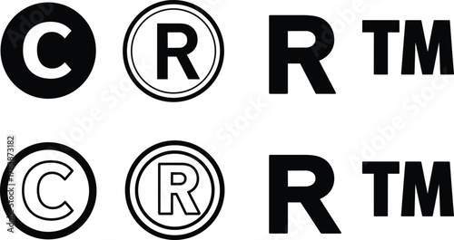 Copyright and trademark symbols, intellectual property vector icons, legal protection design, bold black and white illustration, branding, stock content, education, law