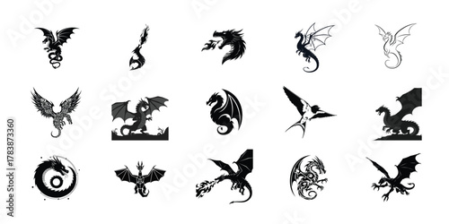 Collection of diverse dragon silhouettes and illustrations featuring mythical creatures in various poses and styles