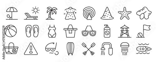 Summer vacation icons set for travel design, perfect for tourism websites, beach resorts, and holiday promotions, enjoy the sun and seaside fun!