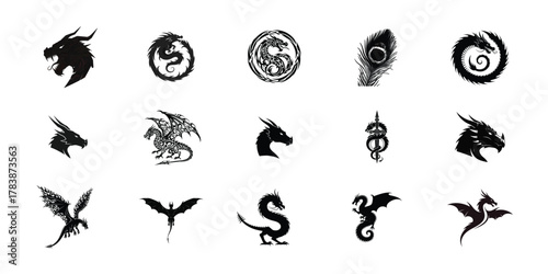 Collection of diverse dragon illustrations and silhouettes showcasing mythical creatures in various artistic styles and poses