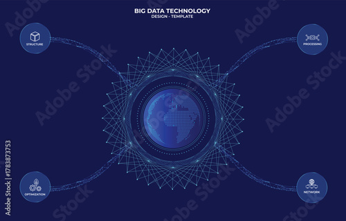 Blue circular infographic template from Glassmorphism featuring a world map. Dynamic four-step infographic with interwoven fine lines. UI/UX design for infographics, education, technology, big data