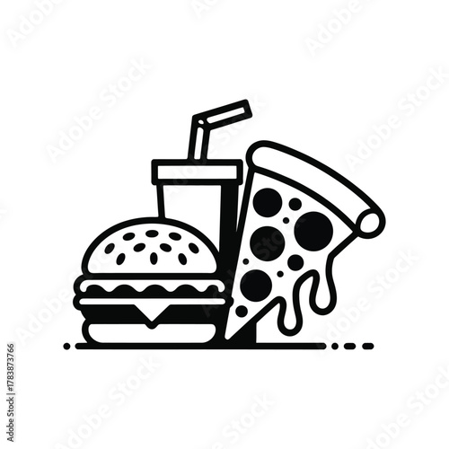 Delicious fast food arrangement burger pizza and soda black and white