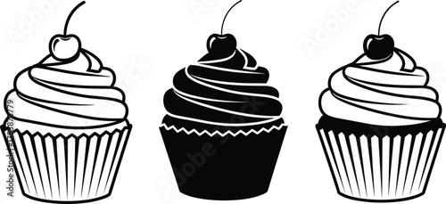 Stylized black and white vector illustration of three cupcakes with cherries, minimalist dessert design, striped wrappers, silhouette frosting, elegant bakery artwork