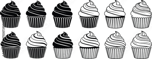 Stylized black and white vector illustration of twelve cupcakes with swirled frosting, ridged liners, shading variations, minimalist dessert artwork design collection