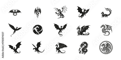 Collection of diverse silhouette dragon designs featuring mythical creatures in various poses and styles