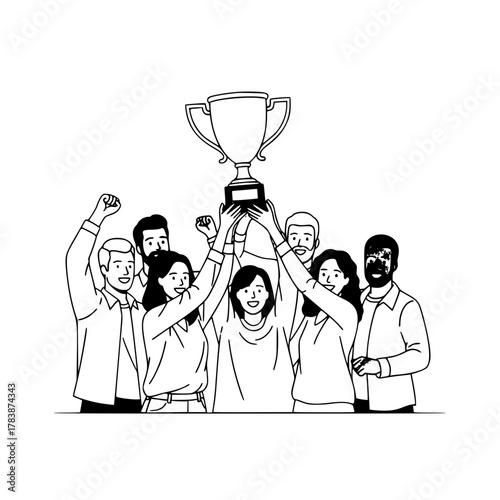 Diverse cheerful business team jointly raising a victory trophy in a celebratory moment on a clean white background depicting collaborative achievement