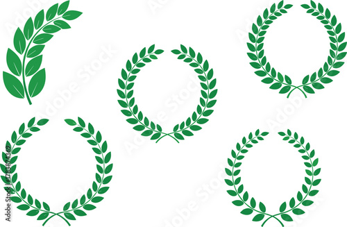 Vector illustration of five green laurel wreath designs including curved branch and symmetrical circular wreaths, victory honor achievement symbol artwork collection