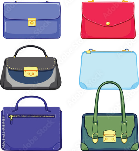 Designer handbags in six colorful styles and shapes vector illustration set