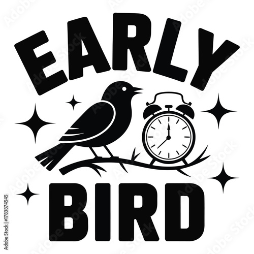 Early Bird Graphic Design With Bird Clock and Stars Illustration