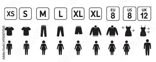 Effortlessly find your perfect fit with clear clothing size charts for men and women, featuring apparel icons and international sizing