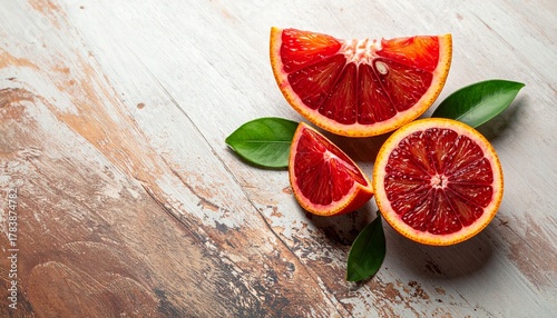 Fototapeta Naklejka Na Ścianę i Meble -  Fresh Blood Orange Slices on Rustic Wood Background Vibrant Color Healthy Eating Close Up Studio Shot Copy Space.