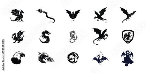 Collection of diverse dragon silhouettes and artistic representations symbolizing fantasy mythical creatures and power