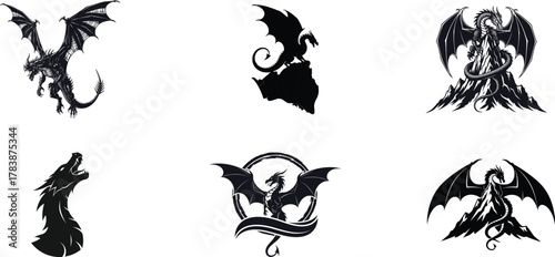 Collection of dark fantasy creatures including dragons and angels in silhouette and stylized illustrations