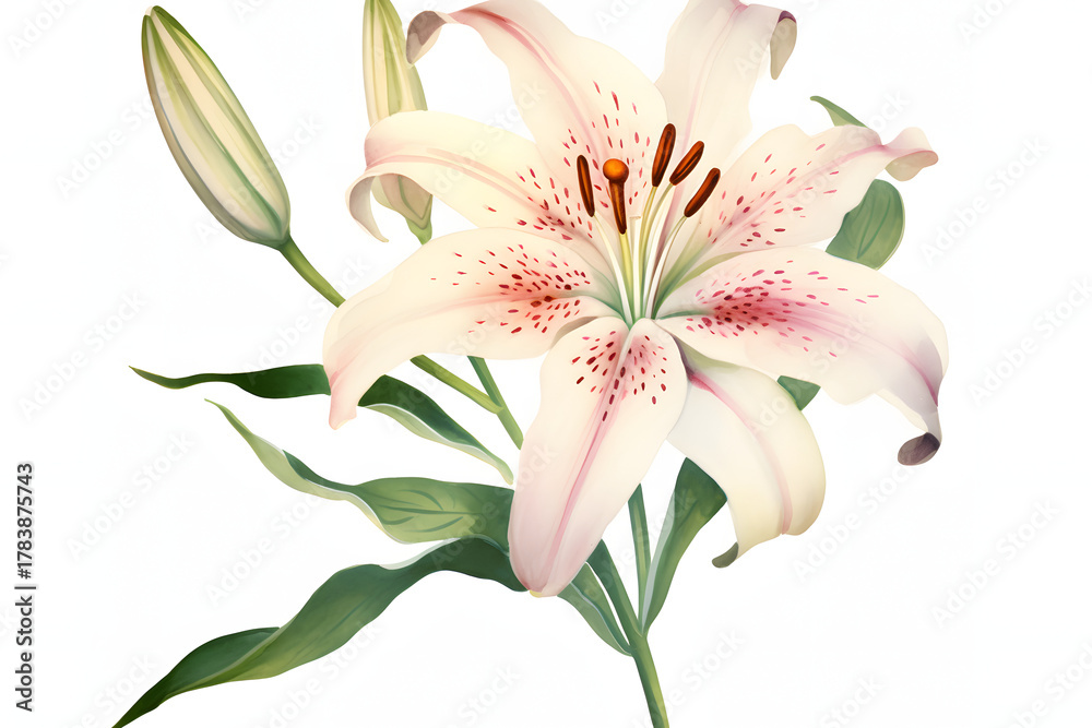 Fototapeta premium Delicate pink and white lily flower with green stems and bud