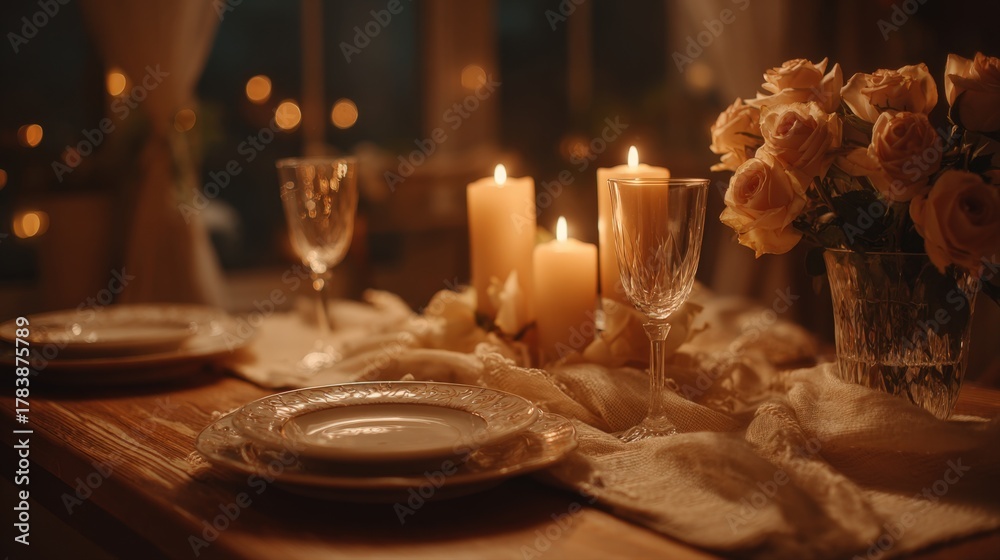 Naklejka premium A warm and intimate setting for a romantic dinner. Wooden table features lit candles, crystal glasses, fine porcelain plates, and peach roses in a vase, enveloped in a soft, luxurious glow