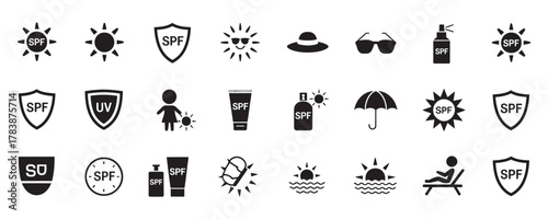 Sun protection icons for summer safety and skincare with SPF, sunglasses, sunhat, and more to protect skin from harmful rays