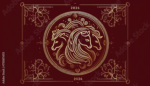 Ornate golden line art of three horse heads in a circle for a luxurious Chinese New Year 2026 emblem