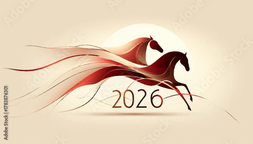 Two abstract horses made of flowing ribbons running together to celebrate the year 2026