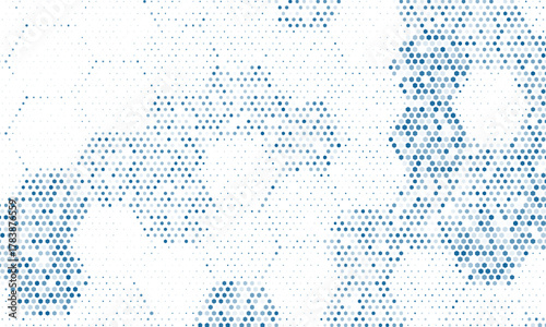 Vector blue geometric abstract background frame. Pattern of chaotic hexagons, particles, fragments. Group of cells, an information grid. Banner for business, technology, presentations.