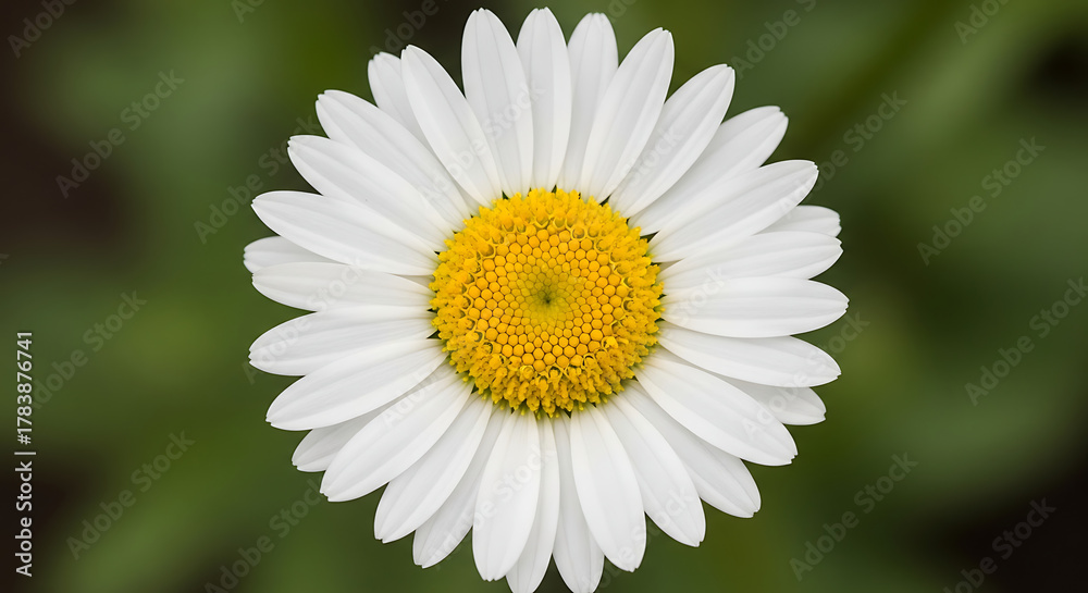 Fototapeta premium A close up shot of a daisy with white petals and a yellow center against a blurred green background