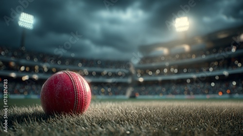 Glowing Red Cricket Ball on Grass at Twilight in Stadium Under Bright Spotlights