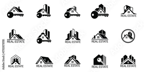 Collection of stylized real estate logos featuring houses buildings and keys symbolizing home ownership and property