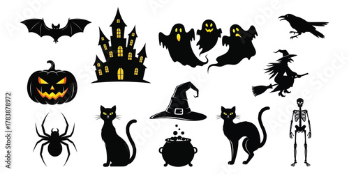 Bild auf Leinwand Collection of spooky halloween silhouettes including bats ghosts castle witch pu