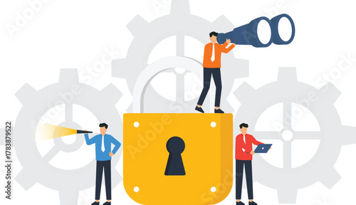 Cybersecurity concept business team data protection strategy. Businessmen searching with binoculars on giant padlock. Corporate vision financial security risk management teamwork.