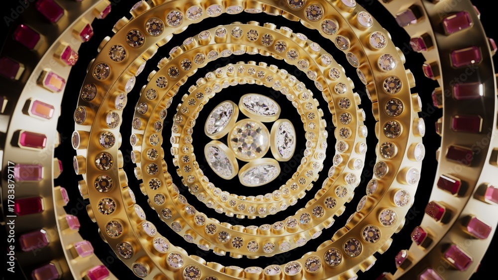 Obraz premium Luxurious concentric rings of gold with alternating red and clear gemstones form a tunnel-like pattern. Ornate and symmetrical design ideal for jewelry, fashion, or decorative digital art.