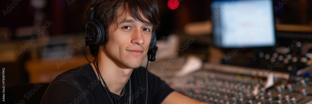 Fototapeta premium A focused young audio technician works diligently at a sound mixing console, showcasing the art of sound engineering in a studio environment with vibrant lights.