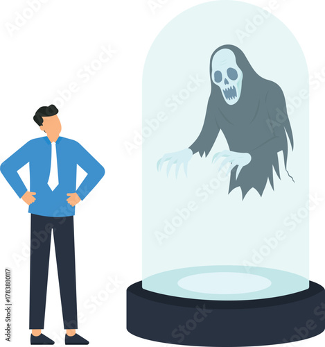 Businessman observing contained ghost in glass display for risk management and fear control. Facing inner demons business challenge problem solving strategic planning overcoming adversity.