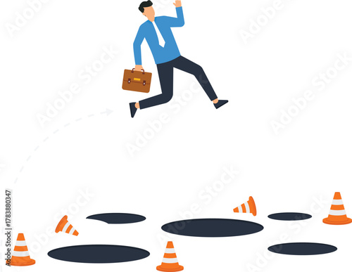 businessman jumping, business challenge, risk management, overcoming obstacles, ambitious leap, corporate success