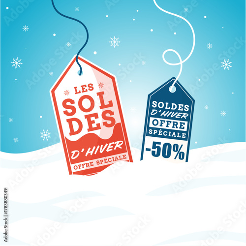 Etiquettes pour les soldes d'hiver dans un décor enneigé - Annonce de promotions d'hiver, offre spéciale