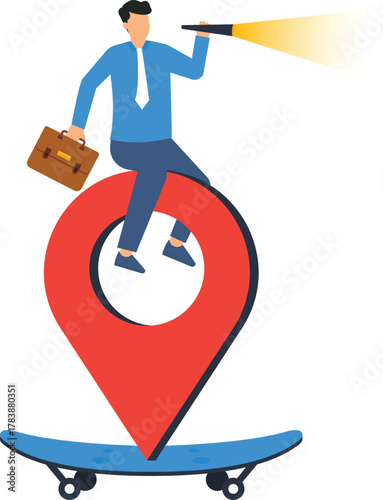 Business man on map pin riding skateboard using telescope for business vision career direction location search market research future goals searching opportunity