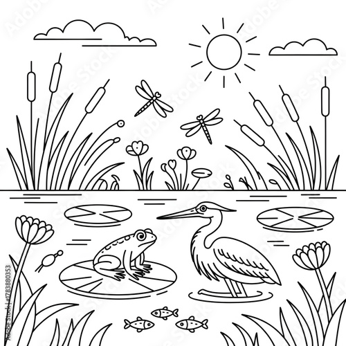 hand drawn vector illustration of flowers and bird and also frog 