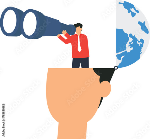 Global vision business strategy with businessman looking forward using binoculars from open mind for market research future planning global business and new horizons.