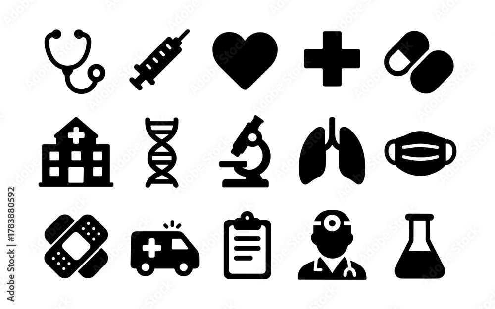 Obraz premium Healthcare icons collection: medical symbols in minimalist black silhouette style